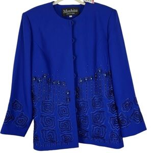 Moshita Couture embellished evening jacket lined button loop closure Sz18 Blue